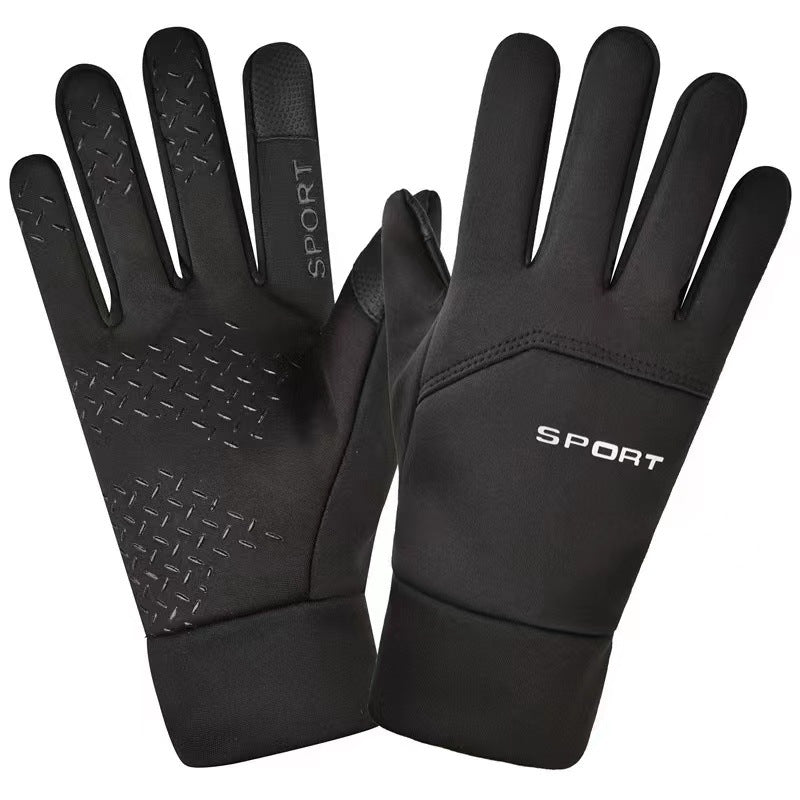 Winter for men all two finger outdoor warm plush windproof waterproof and anti slip touch screen cycling gloves