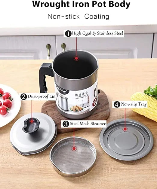 1.4L Strainer Oil Cooking Oil Filter Storage Oil Container Leakage Proof Oil Strainer Kitchen Oil Tank Cooking Oil Stainless-Steel Oil Filter Storage