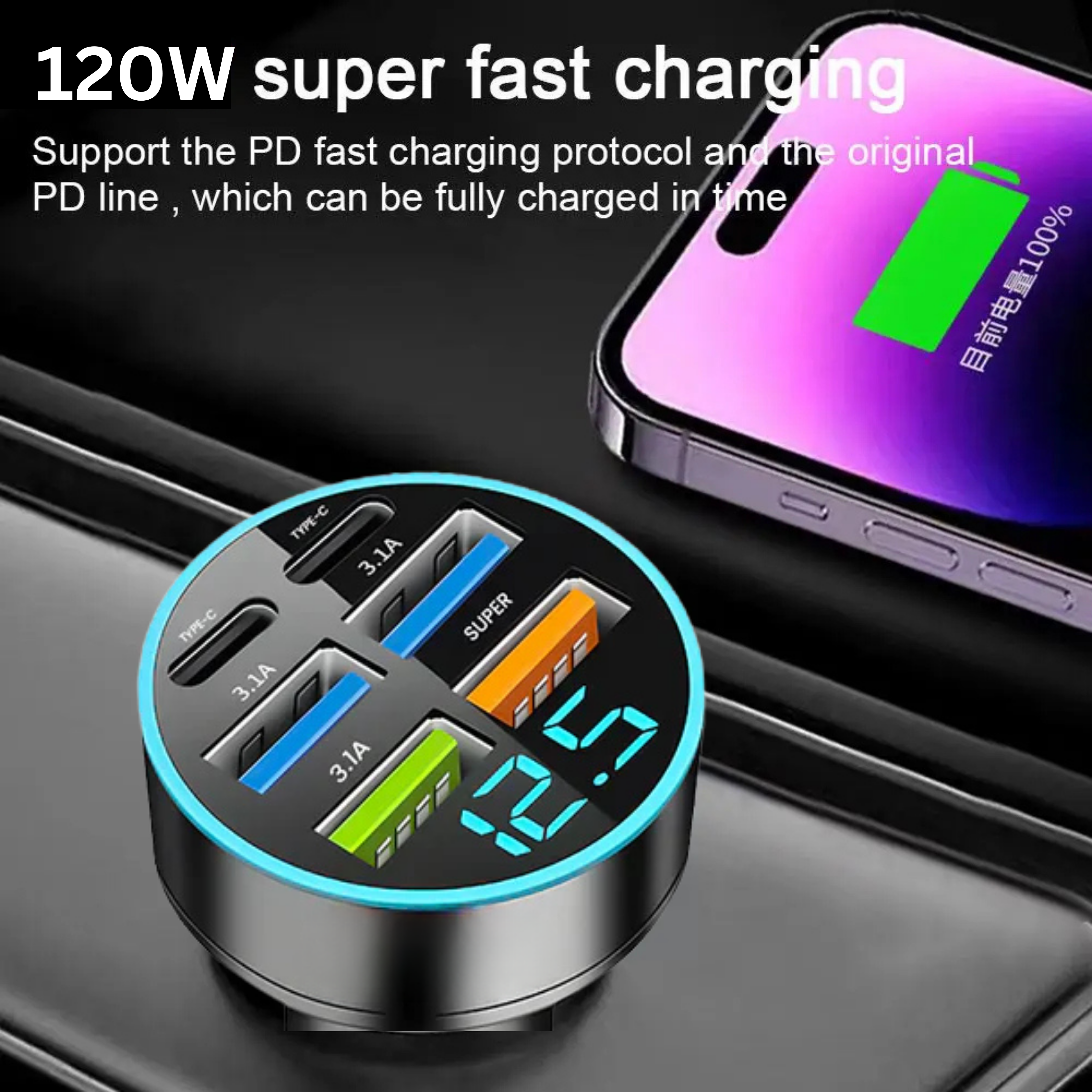 FlashVolt 2C Car Charger PD Fast Charging With Digital Display