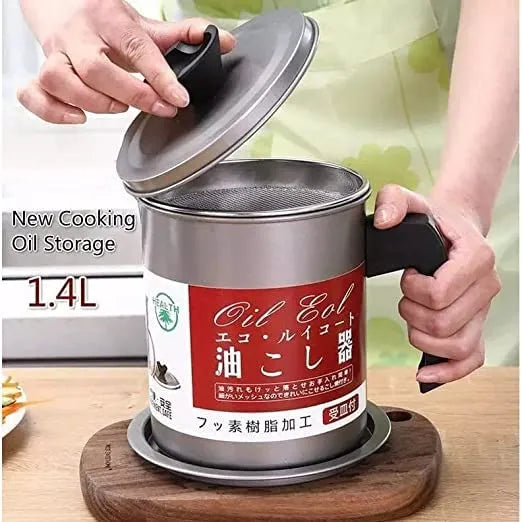 1.4L Strainer Oil Cooking Oil Filter Storage Oil Container Leakage Proof Oil Strainer Kitchen Oil Tank Cooking Oil Stainless-Steel Oil Filter Storage