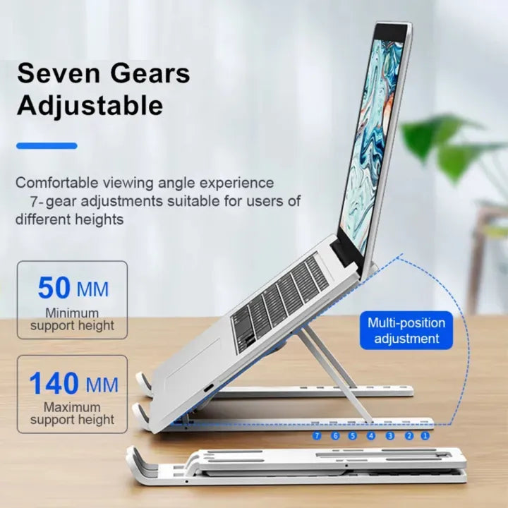Portable Aluminum Foldable Laptop Metal Stand with Adjustable Height Folding Solid Stand With Anti Slip Rubber Grips - Silver