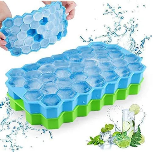 Silicone Ice cube Tray with plastic lid Easy Push Pop Out Square Silicon Ice Cubes Tray Honeycomb Shape Silicone Ice Cube Molds with Lid Flexible Tray for Refrigerator And Freezer