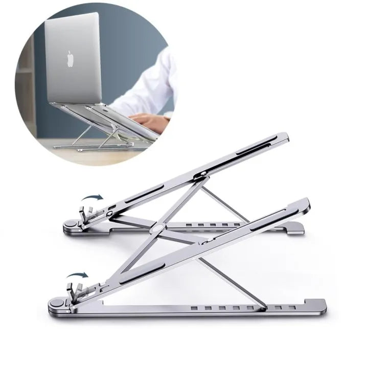Portable Aluminum Foldable Laptop Metal Stand with Adjustable Height Folding Solid Stand With Anti Slip Rubber Grips - Silver
