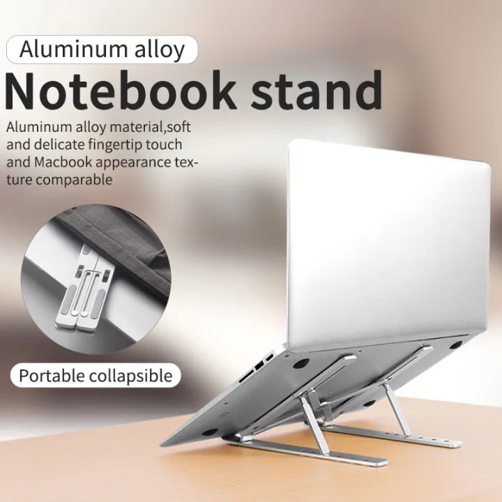 Portable Aluminum Foldable Laptop Metal Stand with Adjustable Height Folding Solid Stand With Anti Slip Rubber Grips - Silver